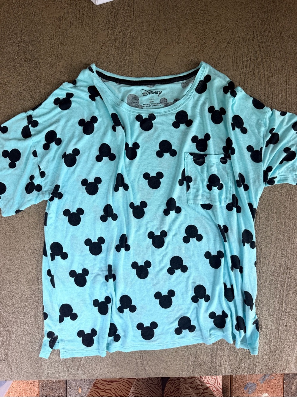 Disney Mint Green Tee with Black Mickey Head Print and Pocket